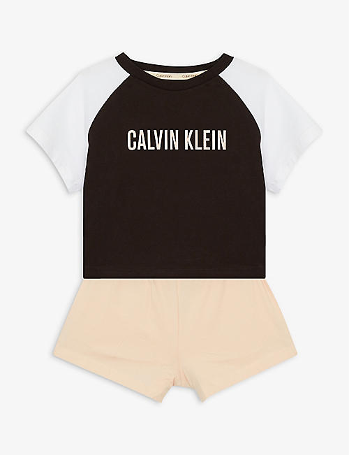 CALVIN KLEIN: Logo-print cotton pyjama top and shorts set 14-16 years