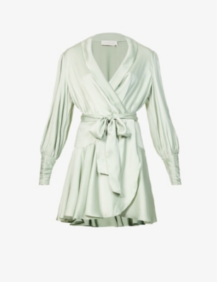 Zimmermann Silk Wrap V-neck Minidress In Sage