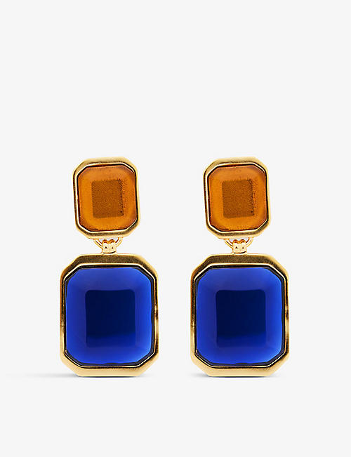 SAINT LAURENT: Cabochon Octogone logo-engraved brass and resin clip-on earrings