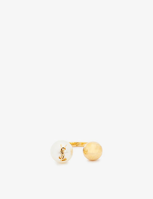 SAINT LAURENT: Brand-plaque brass and faux-pearl ring