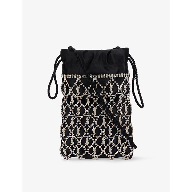 Saint Laurent Le Monogramme Crystal-embellished Silk-satin Pouch In Nero/crystal/nero