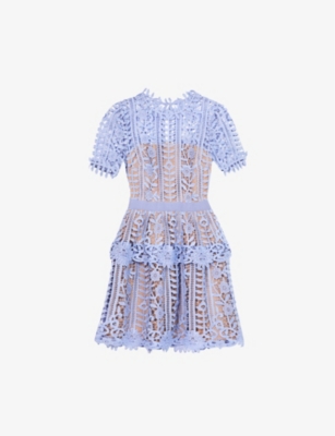 SELF-PORTRAIT - Floral-embroidered round-neck lace mini dress