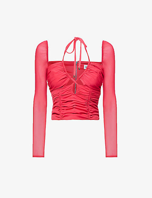 SELF-PORTRAIT: Cut-out ruched stretch-jersey top