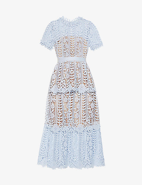 SELF-PORTRAIT: Floral-embroidered round-neck lace midi dress