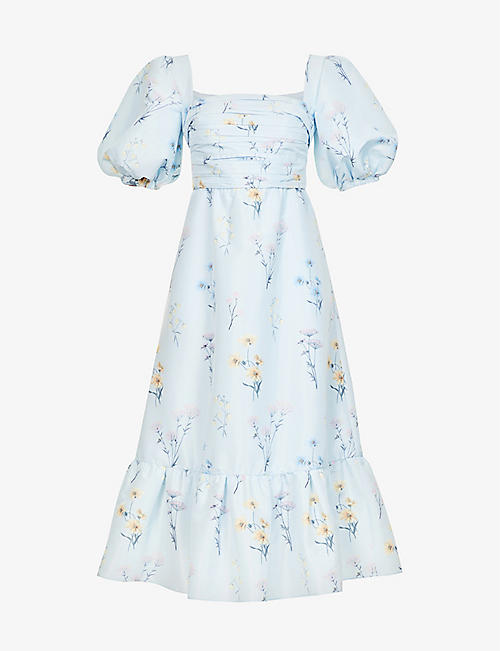 SELF-PORTRAIT: Watercolour floral-print woven midi dress