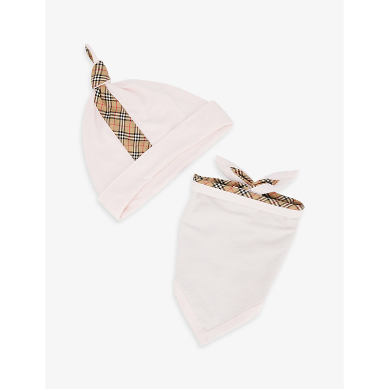 Shop Burberry Pink Claude Vintage Check Stretch-cotton Baby Grow, Hat And Bib Set 0-1 Months