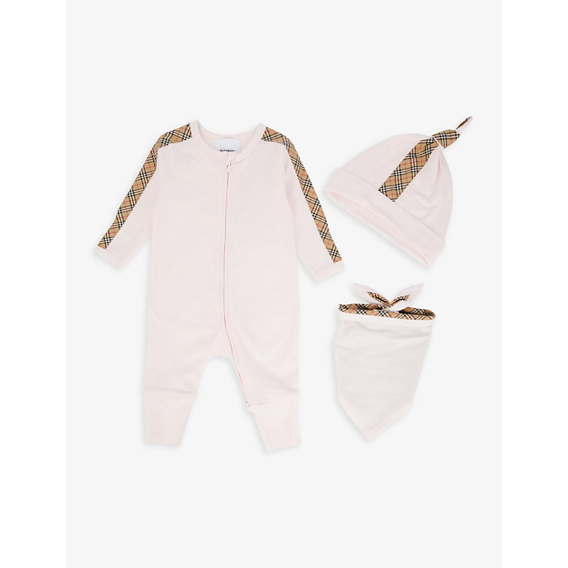 Burberry Pink Claude Vintage Check Stretch-cotton Baby Grow, Hat And Bib Set 0-1 Months