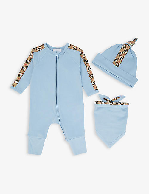 BURBERRY: Claude Vintage check stretch-cotton baby grow, hat and bib set 0-1 months