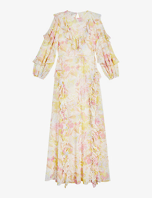 TED BAKER: Leyona magnolia-print waterfall-ruffle crepe midi dress