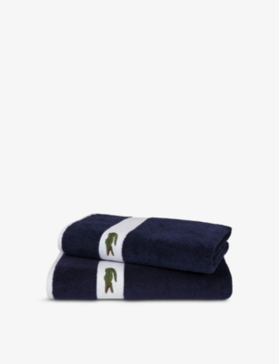 Lacoste Gray With White Stripes Terry Bath Towel With Alligator