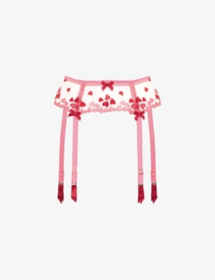 Agent Provocateur Cupid Bow-embellished Semi-sheer Mesh Suspender Belt In Red