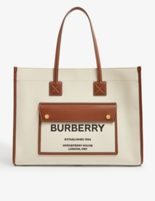 Shop Burberry Women's Tural/tan Freya Brand-print Canvas Tote Bag In Natural/tan