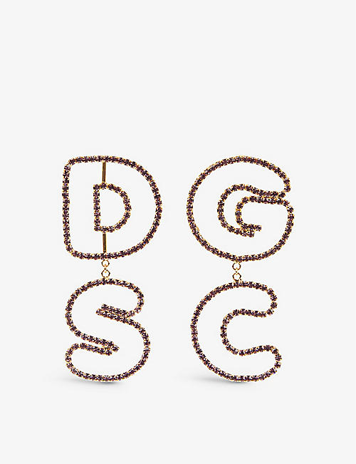 GCDS: Logo-shape crystal-embellished brass earrings