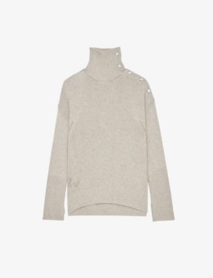 Zadig & Voltaire Alma Rhinestone Stars Metallic Thread Cashmere Blend Sweater In Mastic