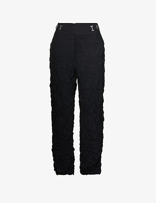 DION LEE: Crinkled tapered mid-rise recycled polyester trousers
