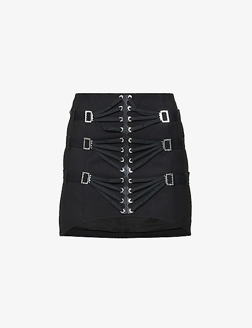 DION LEE: Lace-up cotton-blend mini skirt