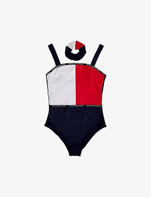 TOMMY HILFIGER: Block logo-print swimsuit 8-16 years