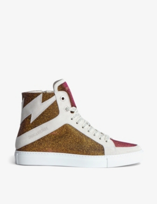 ZADIG & VOLTAIRE ZADIG&VOLTAIRE WOMENS GOLD ZV1747 HIGH FLASH GLITTER LEATHER AND MESH HIGH-TOP TRAINERS,64295917