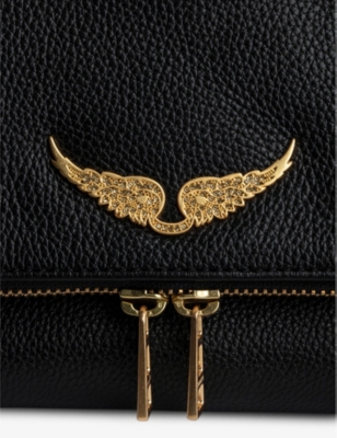 Zadig & Voltaire Womens Black Gold Rocky Ii Wing-embellished Leather Cross-body Bag In Black