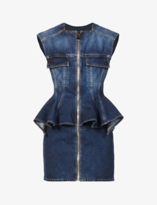 Givenchy Square-neck Peplum Denim Mini Dress In Medium Blue