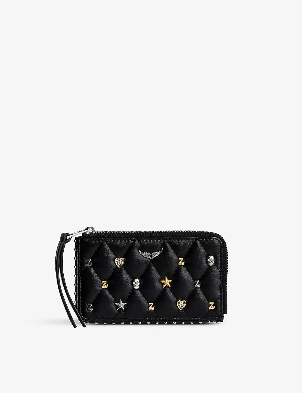 Zadig & Voltaire Charm-embellished Quilted-leather Card Holder In Noir
