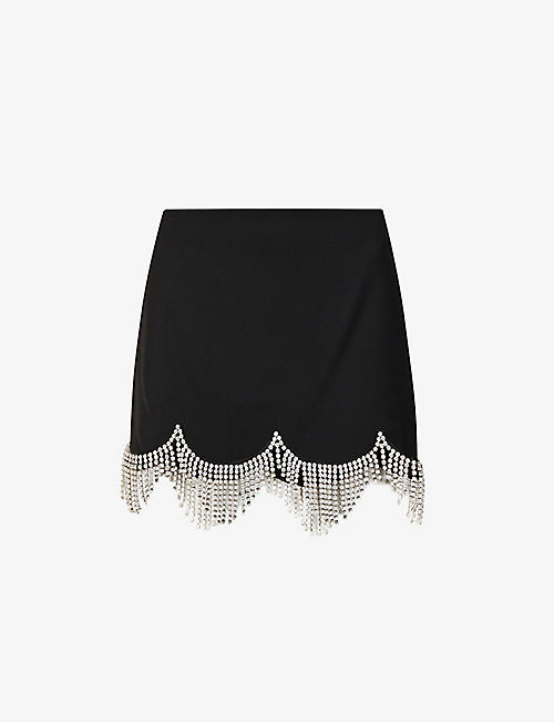 AREA: Scalloped crystal-embellished stretch-wool skirt