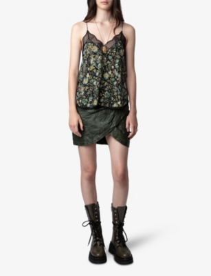 Shop Zadig & Voltaire Zadig&voltaire Women's Kaki Julipe Crinkled Leather Mini-skirt