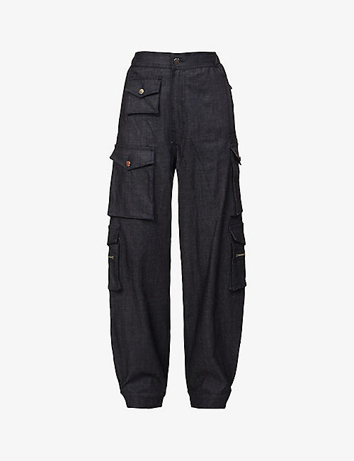 EB DENIM: Flap-pocket wide-leg mid-rise stretch-denim cargo trousers