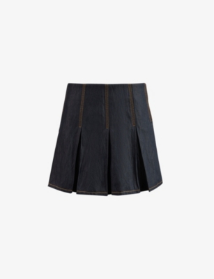 Bottega Veneta Pleated Crinkled Denim Mini Skirt In Indigo