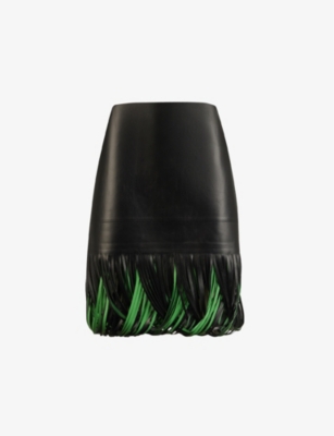 Bottega Veneta Fringe-trimmed Leather Miniskirt In Black/parakeet