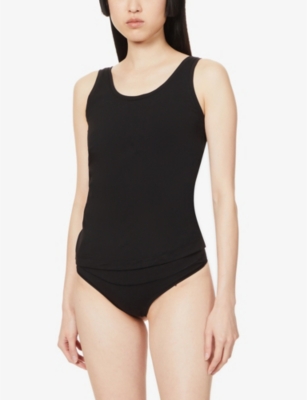 Spanx Comfort High-rise Stretch Cotton-blend Thong In Very Black