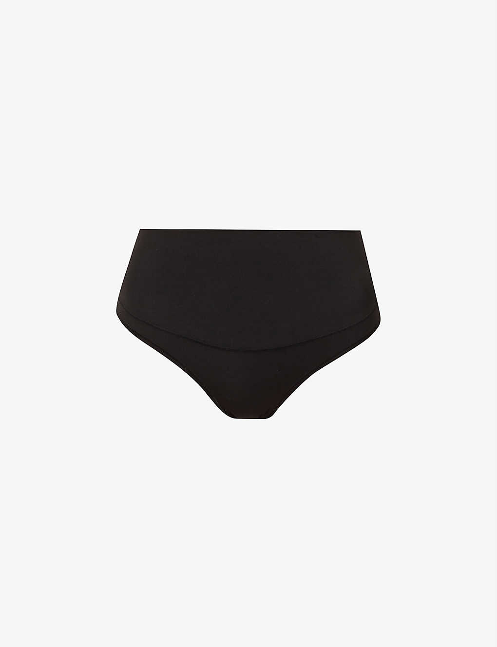 Spanx Comfort High-rise Stretch Cotton-blend Thong In Very Black