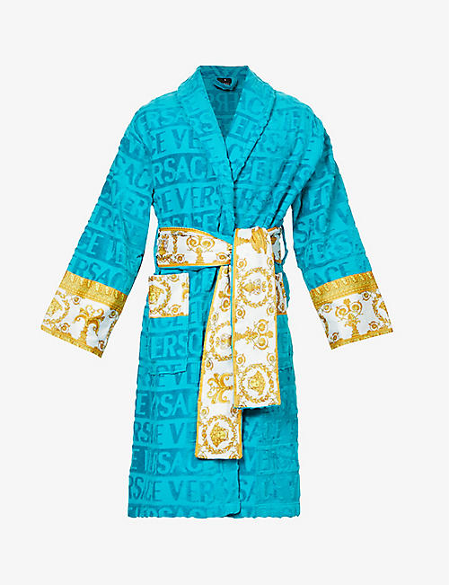 VERSACE: Baroque-print belted cotton-terry robe