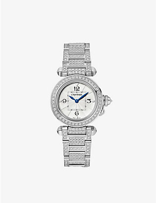 CARTIER: CRWJPA0019 Pasha de Cartier 18ct white-gold and 7.3ct round-cut diamond quartz watch
