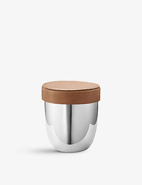 GEORG JENSEN: Mirror polished and leather stainless steel dice cup set