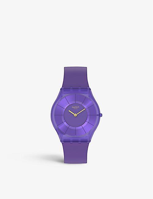 SWATCH: SS08V103 Purple Time bio-sourced plastic and silicone quartz watch