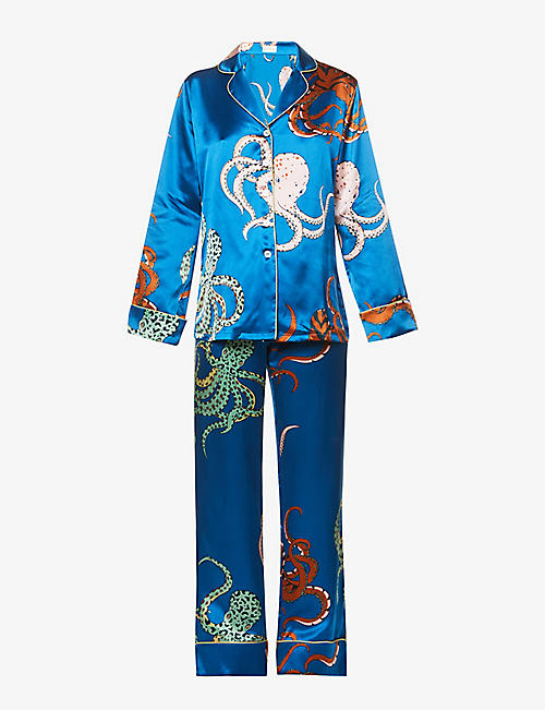 OLIVIA VON HALLE: Lila Octopus printed silk pyjama set