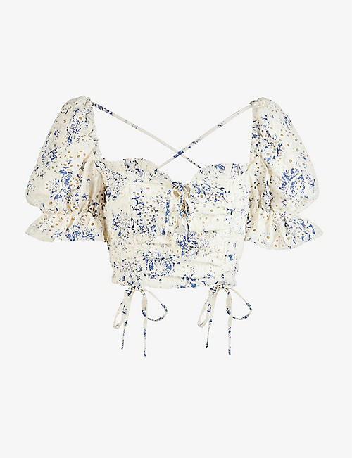 LAVISH ALICE: Floral-embroidered cropped woven top