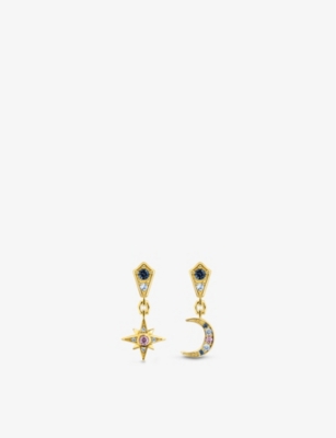 Thomas Sabo Royalty Star And Moon 18ct Yellow Gold-plated Sterling-silver And Multi-stoned Drop Earrings In Multicoloured