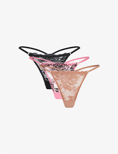 AGENT PROVOCATEUR: Pack of three Yara floral-lace mid-rise woven thongs