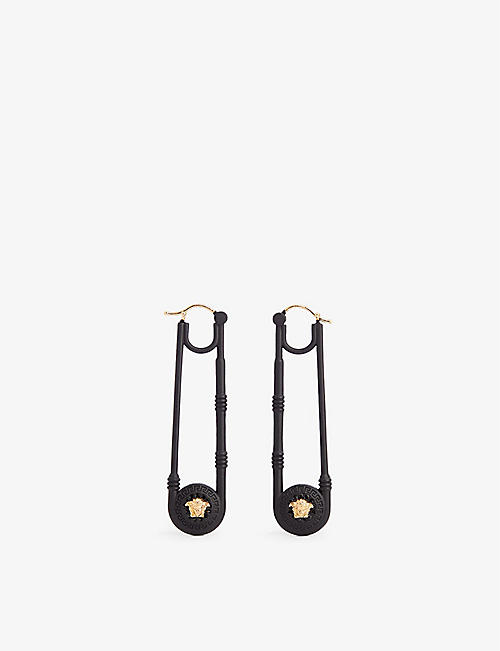 VERSACE: Safety Pin brass drop earrings