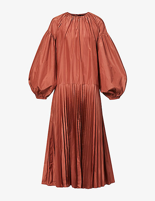 VALENTINO: Puff-sleeve pleated silk-blend midi dress
