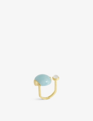 LA MAISON COUTURE: Niin Luna 18ct yellow gold-plated 925 silver, aquamarine and mother of pearl ring