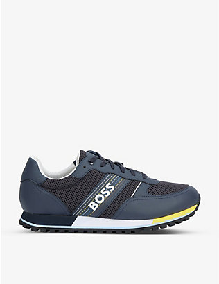 BOSS: Logo-print mesh and faux-leather running trainers
