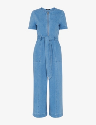 Light Wash Denim Jumpsuit - Flared Jumpsuit - Zip-Front Jumpsuit