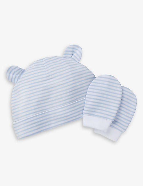 THE LITTLE WHITE COMPANY: Striped organic-cotton hat and mittens set 0-12 months