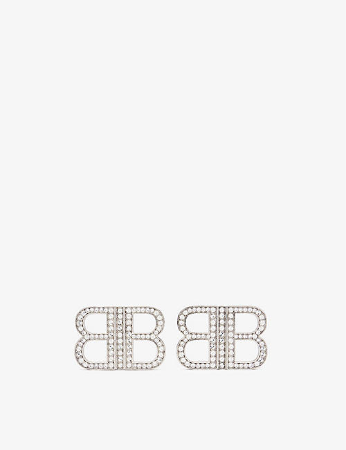 BALENCIAGA: BB aluminium, brass and glass crystal earrings