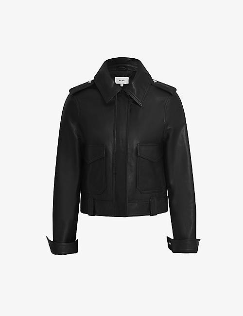 REISS: Kaja trucker-style zip-up leather jacket