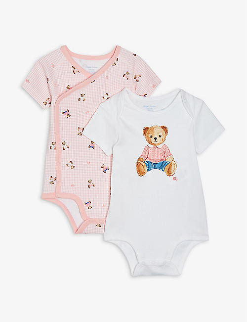 RALPH LAUREN: Polo Bear set of two graphic-print cotton baby grows 3-24 months