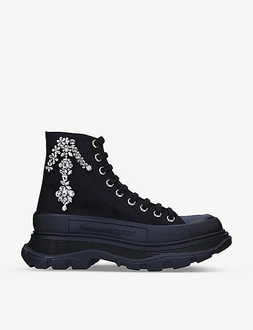 ALEXANDER MCQUEEN: Tread Slick crystal-embellished canvas ankle boots